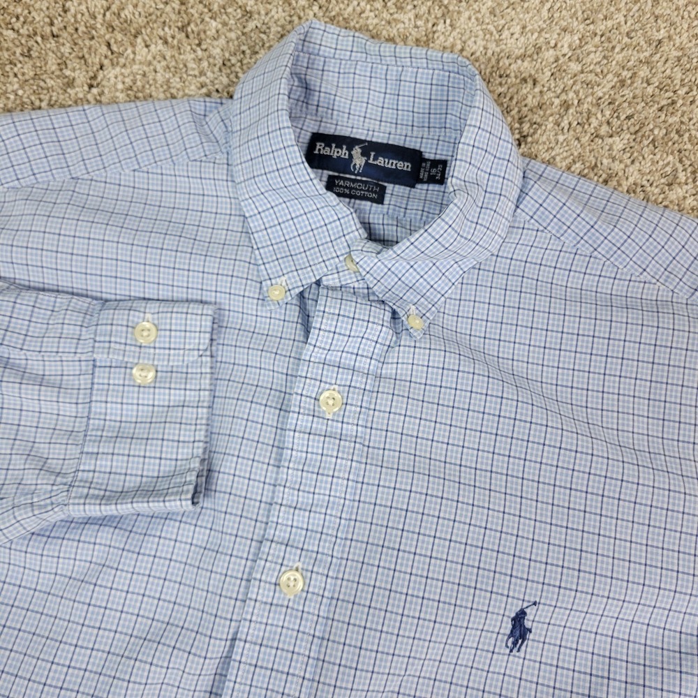 Ralph Lauren Yarmouth Mens 16-34/35 Blue Plaid Check Pony Button‎ Down LS
